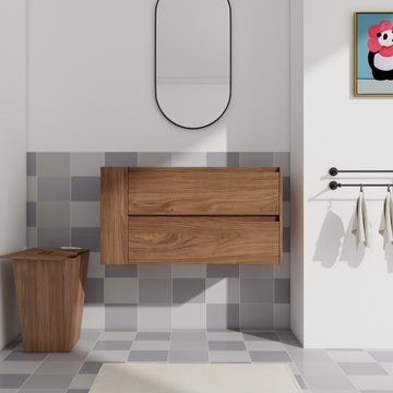 36"Wall Mounting Bathroom Vanity, Soft Close Drawer Only Vanity, Without Basin 2 Brown Oak 1 Adjustable Shelves Bathroom Wall Mounted Modern Plywood