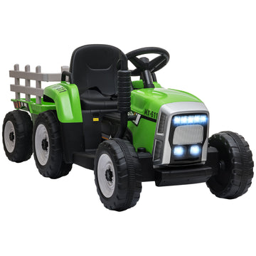Aosom 12V Ride On Tractor With Trailer, 25W Dual Motors, Battery Powered Electric Tractor With Remote Control, Music Startup Sound And Horn, Led Lights, Green Green Plastic