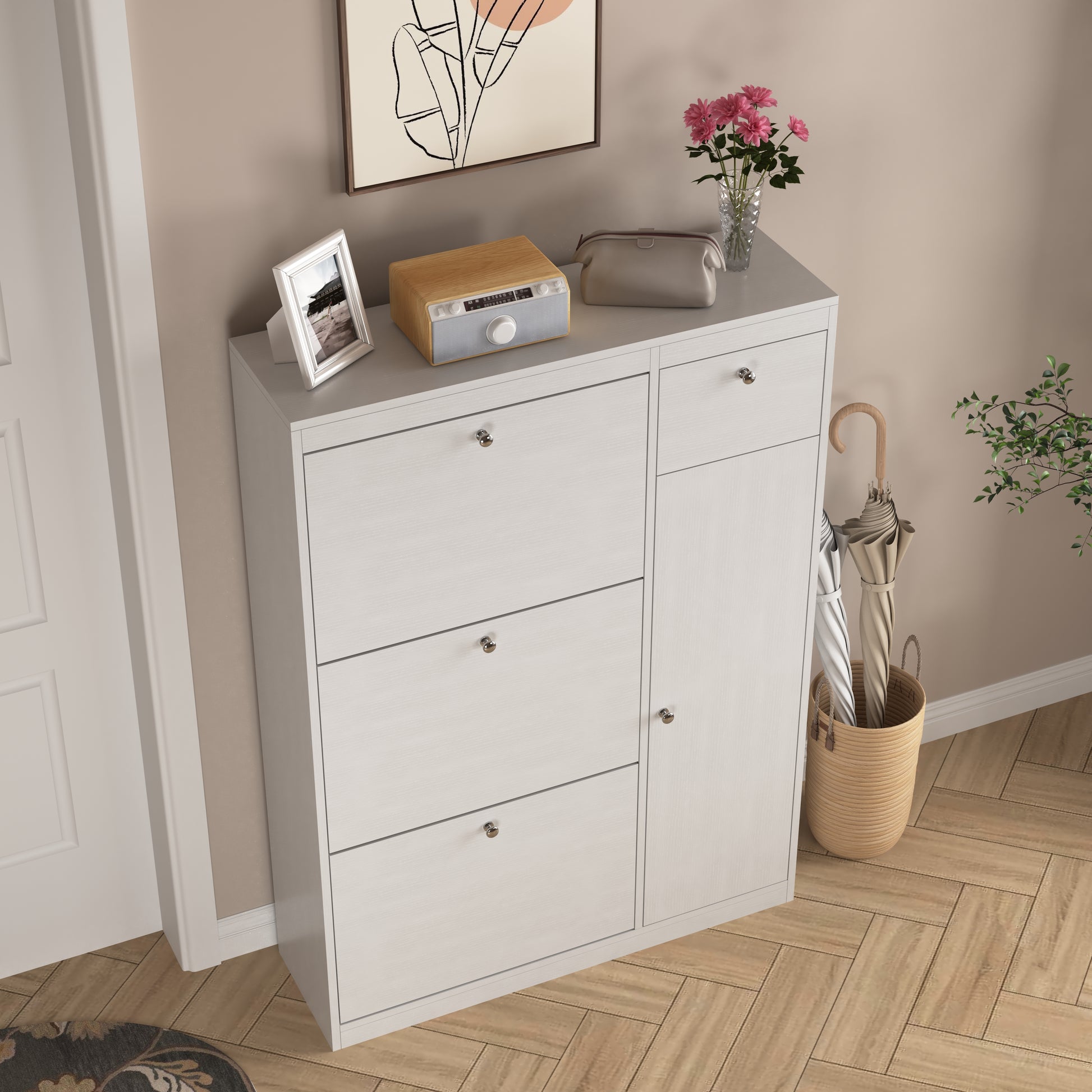Shoe Cabinet,Freestanding Tipping Bucket Shoe Rack Organizer With 3 Flip Drawers,Entryway Narrow Shoe Storage With Adjustable Storage Shelf,Modern Slim Hidden Shoe Cabinet, White 5 Or More Spaces White Primary Living Space Particle Board