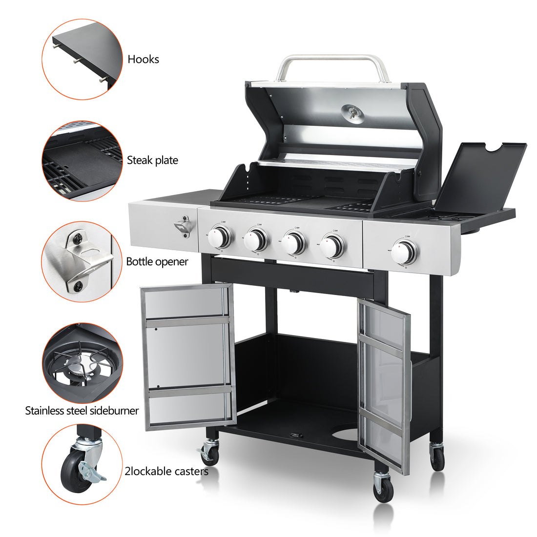 4 Burner Propane Gas Bbq Grill With Side Burner, 46790Btu Output With Enameled Cast Iron Cooking Grids For Outdoor Barbecue, Stainless Steel Black Silver Garden & Outdoor Iron,Stainless Steel
