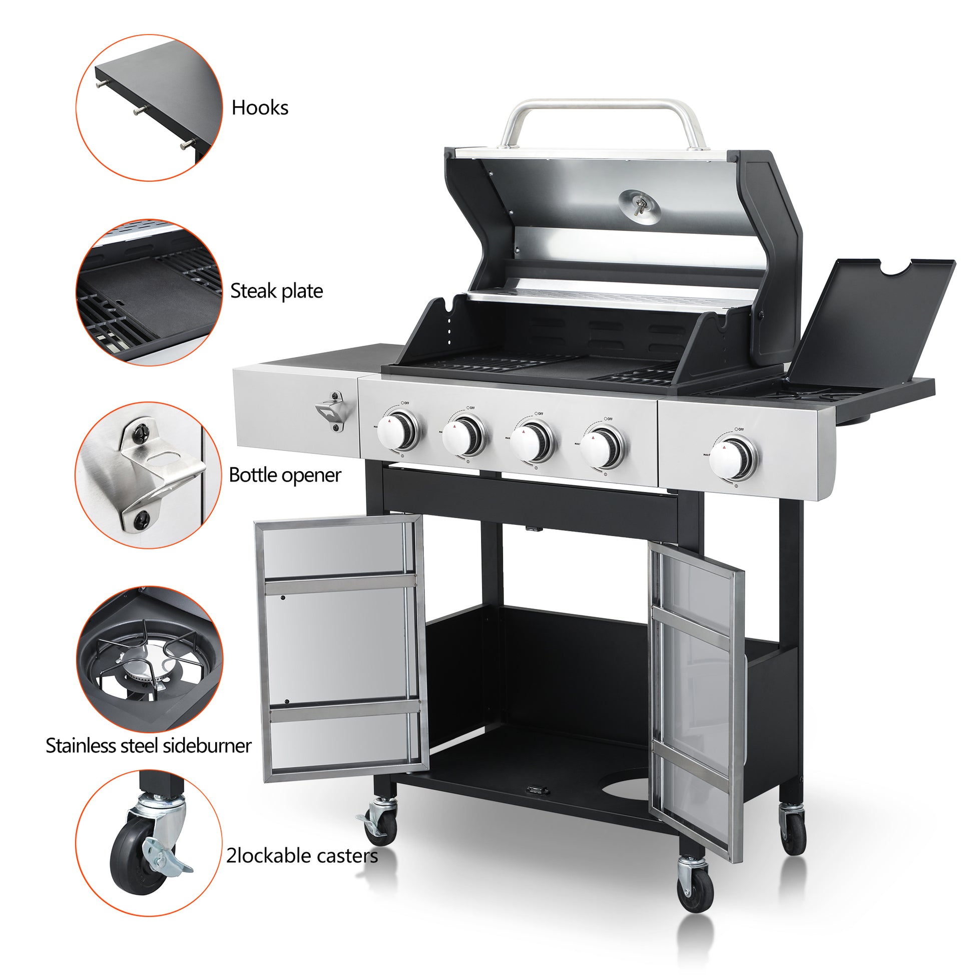 4 Burner Propane Gas Bbq Grill With Side Burner, 46790Btu Output With Enameled Cast Iron Cooking Grids For Outdoor Barbecue, Stainless Steel Black Silver Garden & Outdoor Iron,Stainless Steel