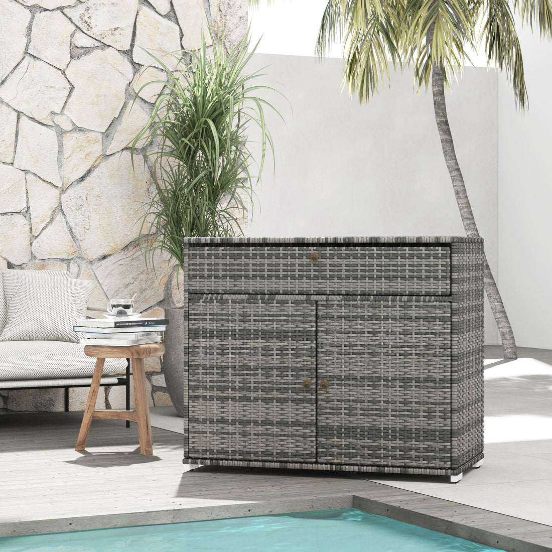 Outsunny Outdoor Towel Rack & Pool Toy Cabinet, Hot Tub Accessory Storage, Freestanding Pe Rattan Wicker Cabinet With Drawer For Indoor, Outdoor Swimming Pool, Spa, Gray Grey Steel