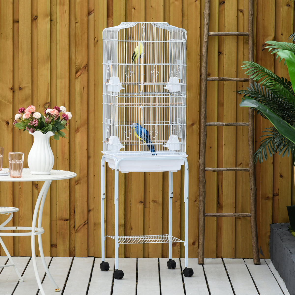Pawhut 60" Metal Indoor Bird Cage Starter Kit With Detachable Rolling Stand, Storage Basket, And Accessories, White White Steel