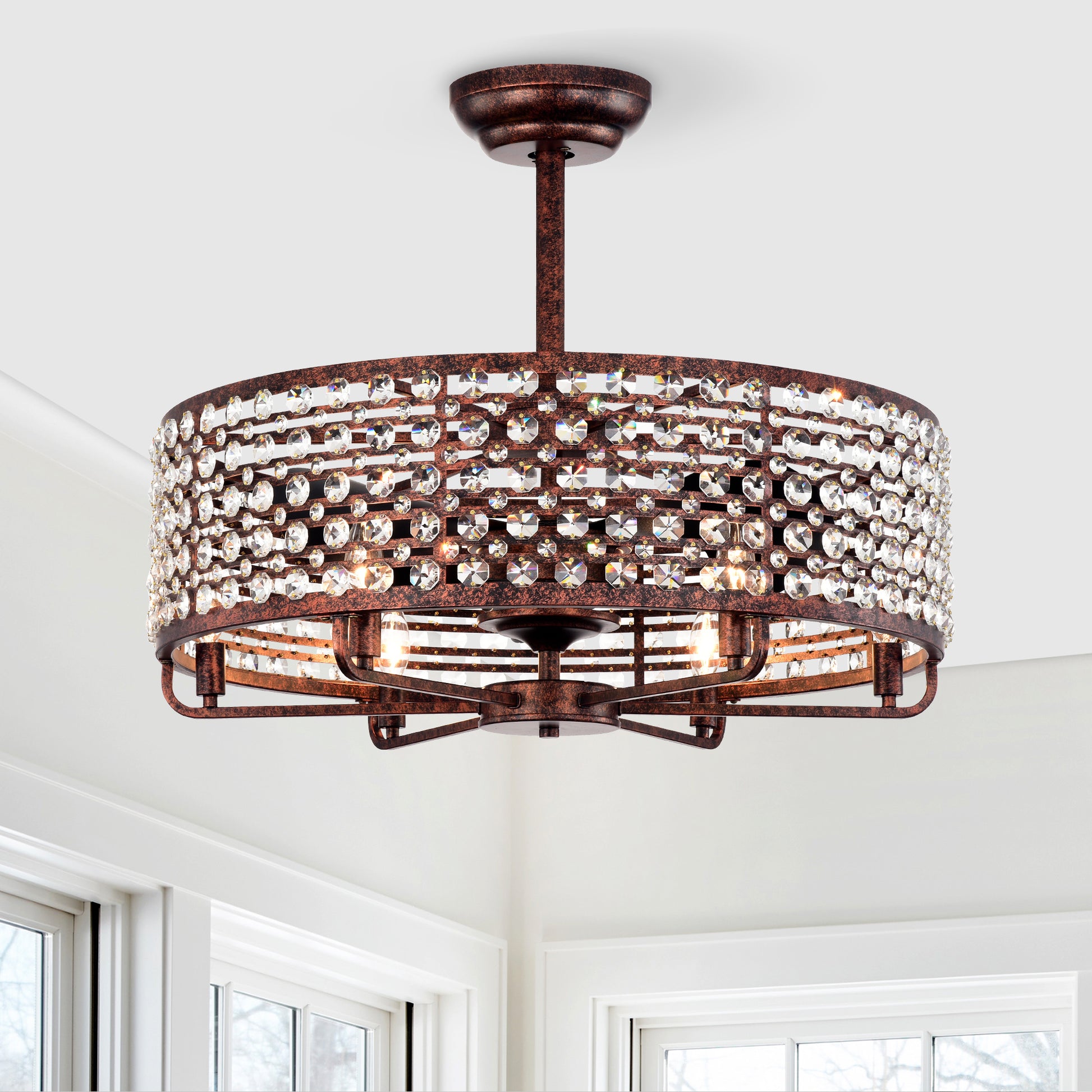 Dia 26.8 Inch Chandelier Ceiling Fan ,Crystal Shade Ceiling Fan With Remote Control,3 Abs Blade 4 Light No Include Bulb Rustic Brown American Design,American Traditional,Classic,Contemporary,Farmhouse Abs Metal