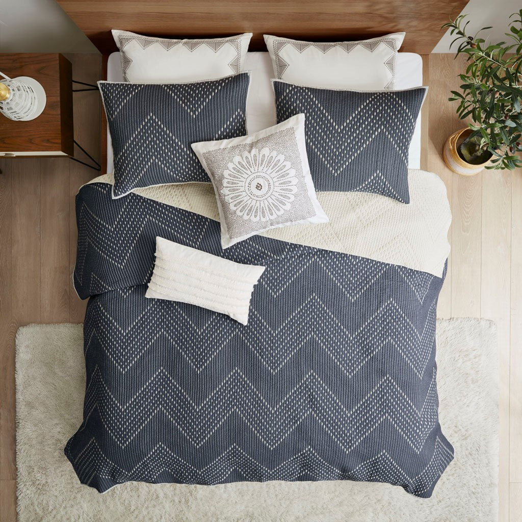 3 Piece Embroidered Cotton Quilt Set Navy King Cal King King Navy Cotton