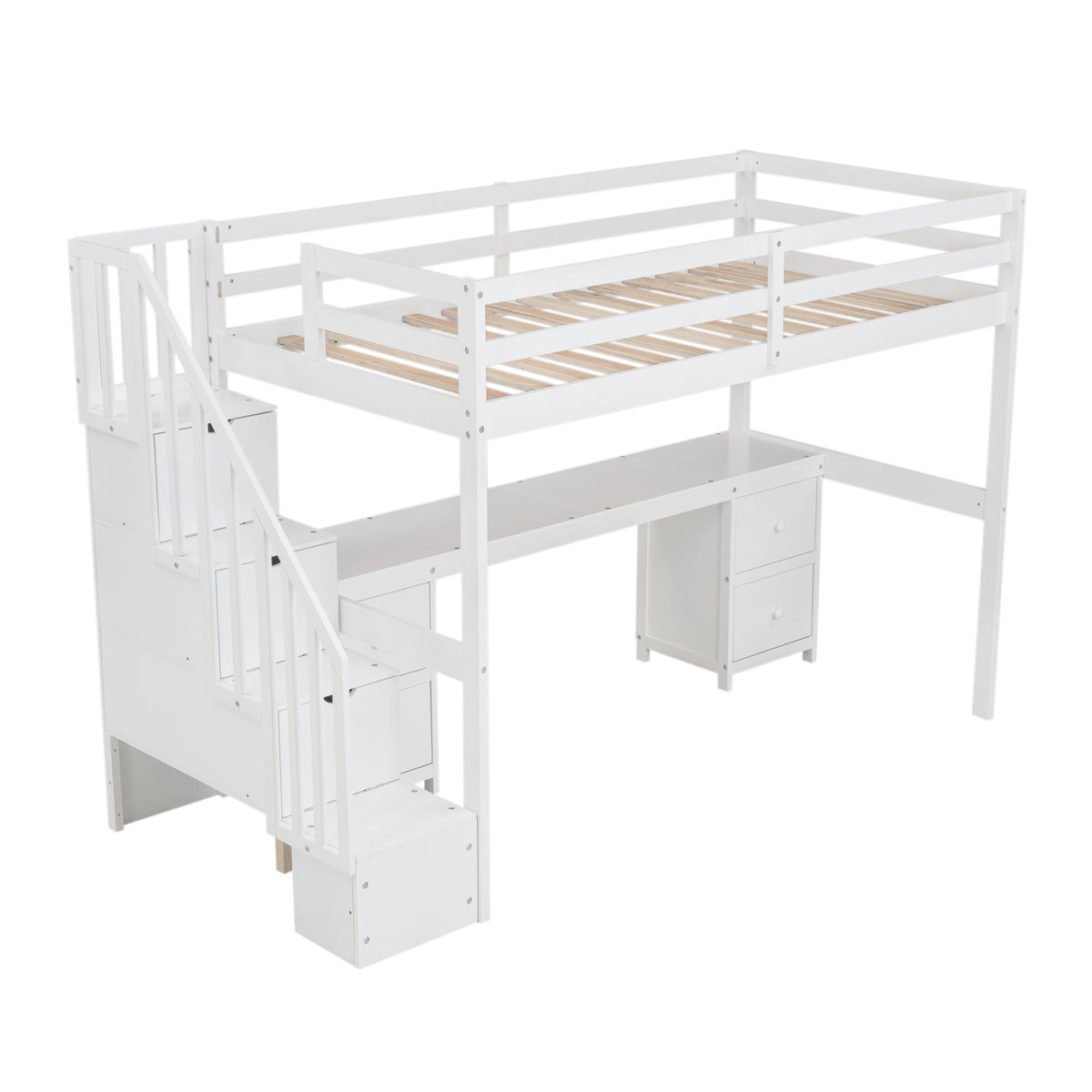 Twin Size Loft Bed Frame With Built In Desk And Double Storage Drawers,White Twin White Solid Wood Mdf