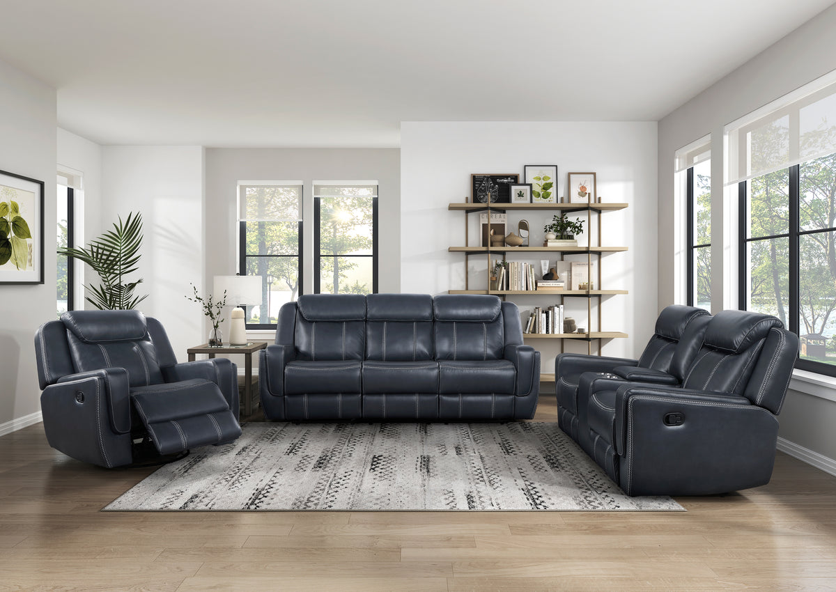 Modern Blue Dual Reclining Sofa With Center Drop Down Cup Holders,Faux Leather Upholstery, Usb Ports Living Room Furniture 1Pc Blue Faux Leather Wood Primary Living Space Modern Plywood,Solid Wood 3 Seat