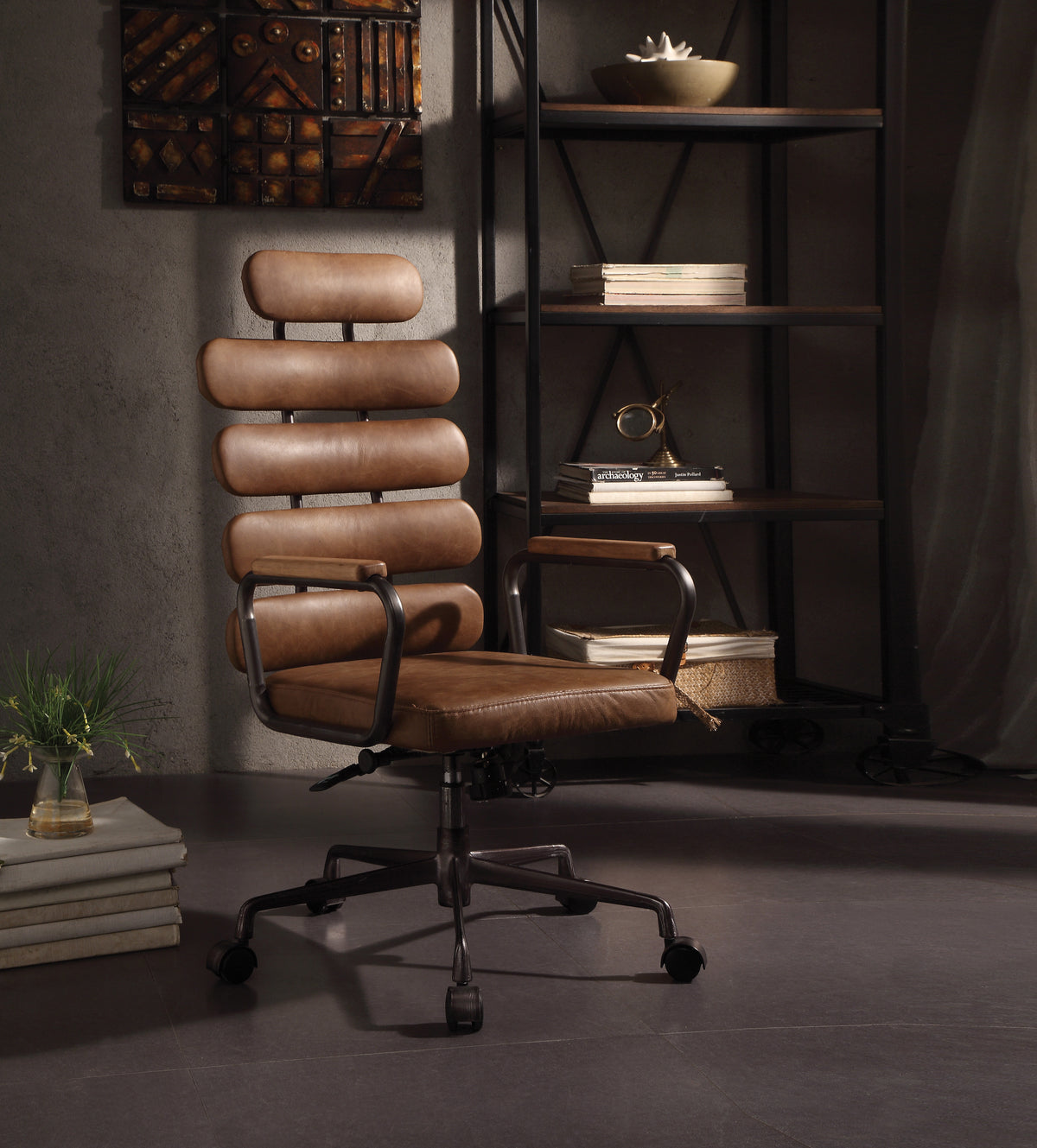 Retro Brown Swivel Office Chair With Pneumatic Lift Caster Wood Solid Brown Office Office Chairs Solid Back Swivel Genuine Leather