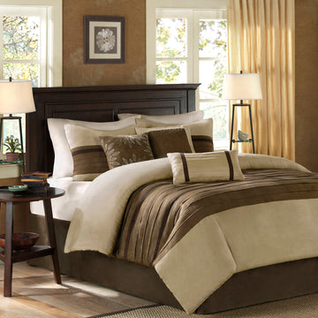 7 Pc Pieced Faux Suede Comforter Set Natural Queen Queen Natural Polyester