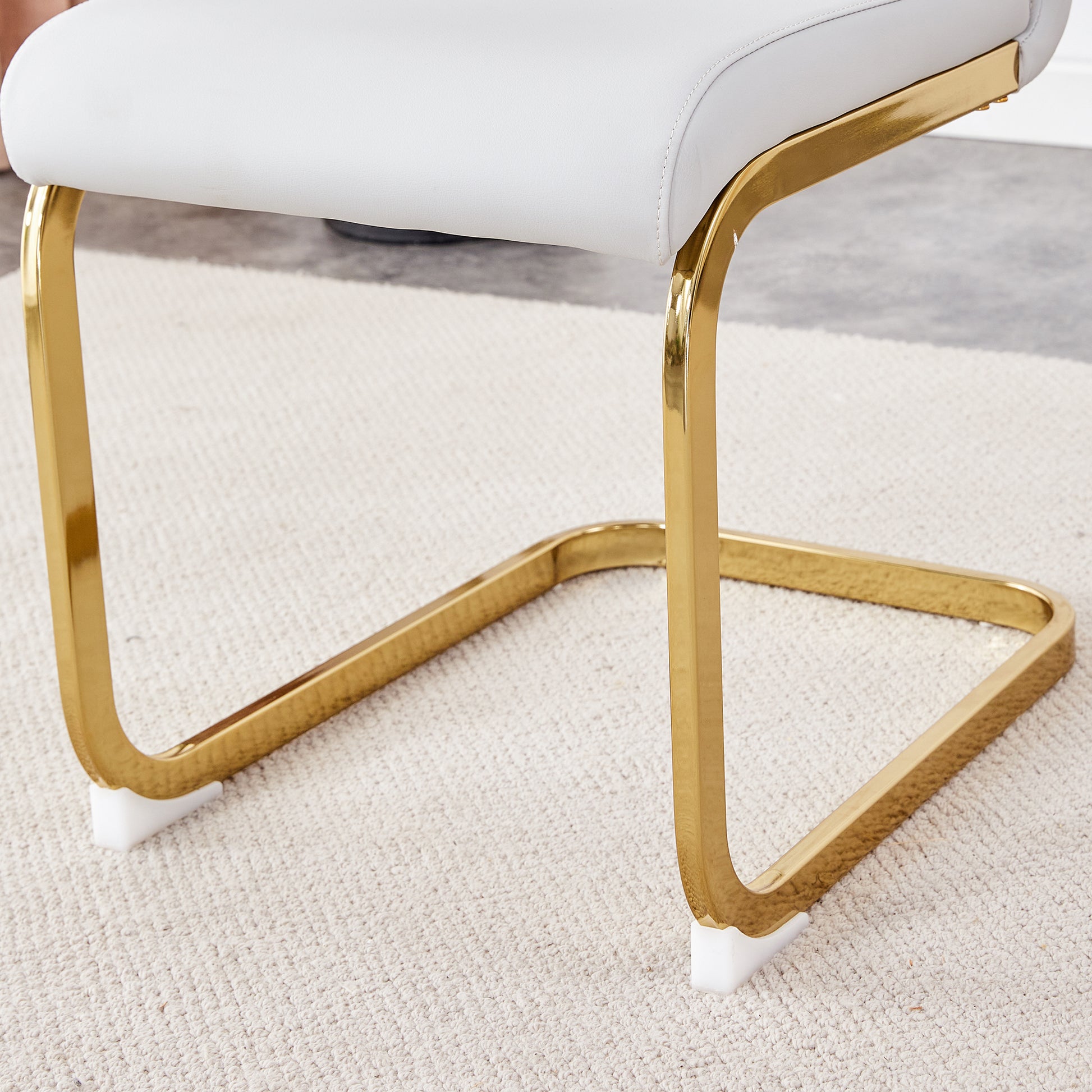 Table And Chair Set.Large Modern Rectangular Table With 0.4 Inch Patterned Glass Tabletop And Large Mdf Table Legs.Comes With 6 Chairs With Faux Leather Cushioned Seats And Golden Metal Legs. Gold White Seats 6 Mdf Glass