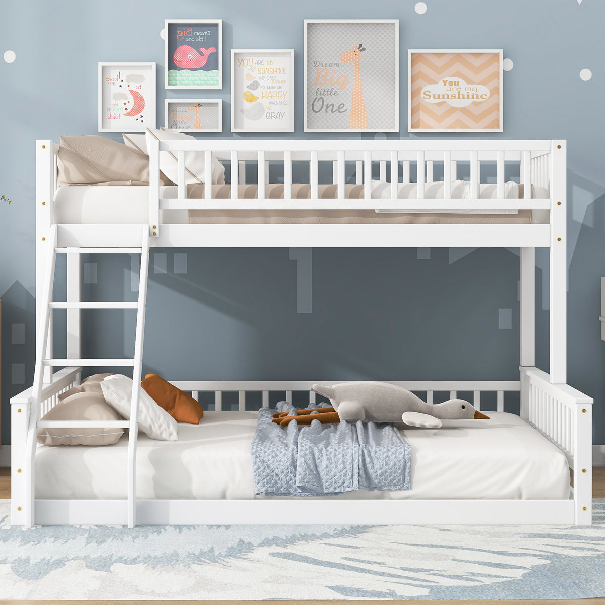 Twin Xl Over Queen Bunk Bed With Ladder And Guardrails, White Expected Arrival Time: 10.27 Box Spring Not Required Twin Xl White Wood Bunk Solid Wood Mdf