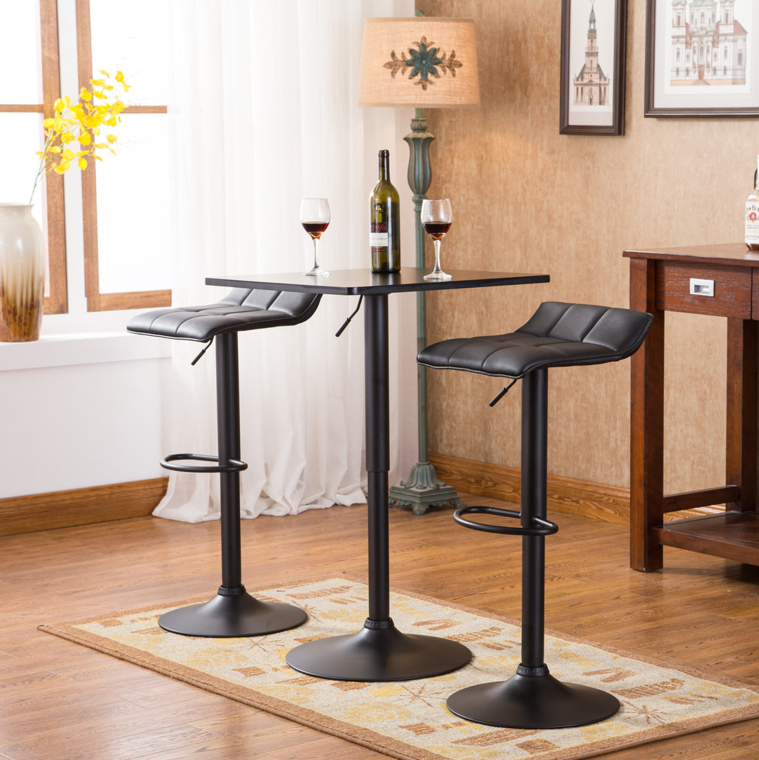 Belham Black Square Top Adjustable Height With Black Leg And Base Metal Bar Table And 2 Swivel Black Bonded Leather Adjustable Bar Stool Bar Sets Metal Wood Black Seats 2 Metal Dining Room Fixed Table Square Dining Table With Chair Mdf Metal