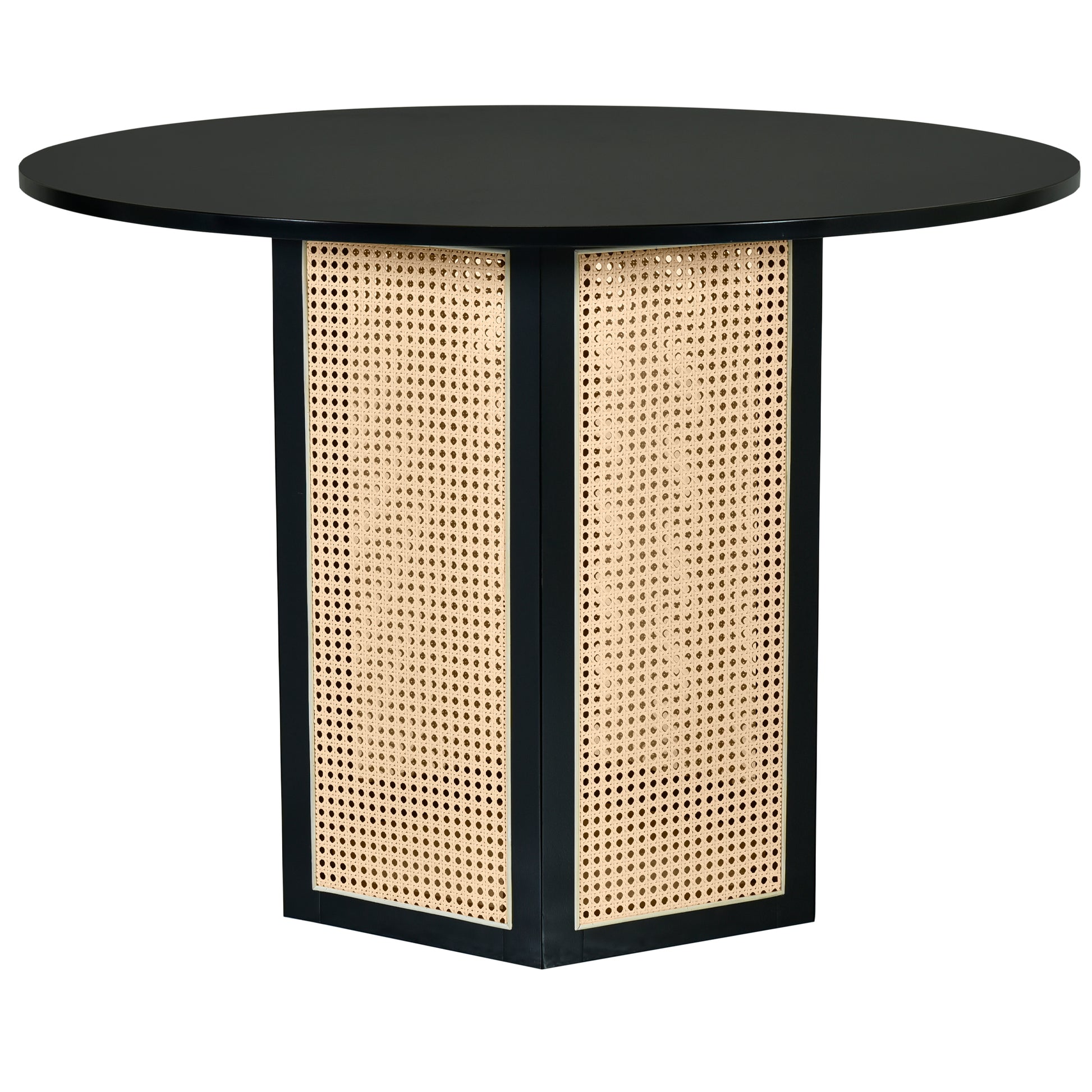 5 Piece Rattan Round Dining Table Set, Wood Table With Hexagonal Base And Upholstered Chairs For Dining Room, Kitchen,Indoor Use, Black Gray Wood Dining Room Solid Wood Rubberwood Round Dining Table With Chair Wood Wood Black Seats 4 Traditional Round