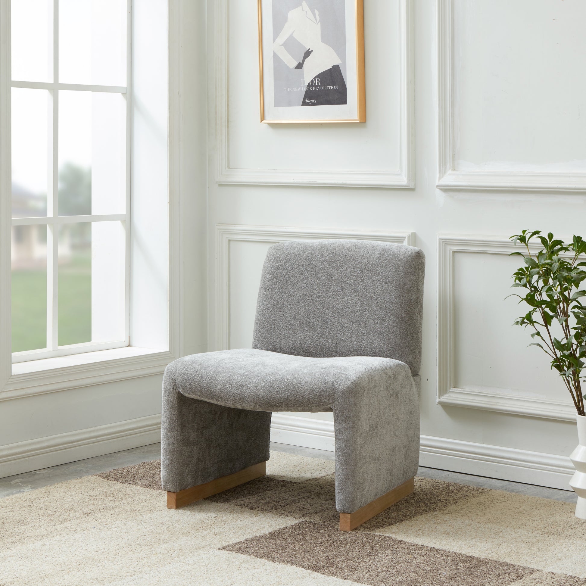 Comfy Accent Chair, Upholstered Slipper Chair, Armless Chair With Wood Legs And Soft Fabric For Living Room, Bedroom, Grey Gray Foam Wood Fabric