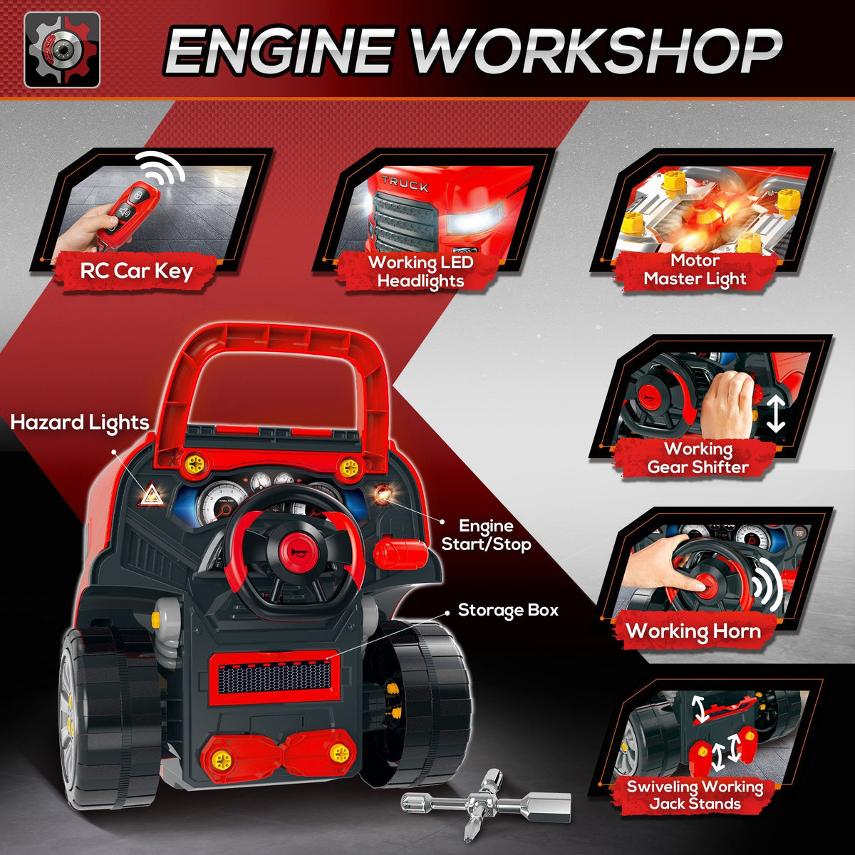 Qaba Kids Truck Engine Toy, Kids Mechanic Car Repair Set, Engine Disassembly Play Workshop, Includes 61 Pieces, Steering Wheel, Horn, Light For 3 5 Years Old, Red Red Abs