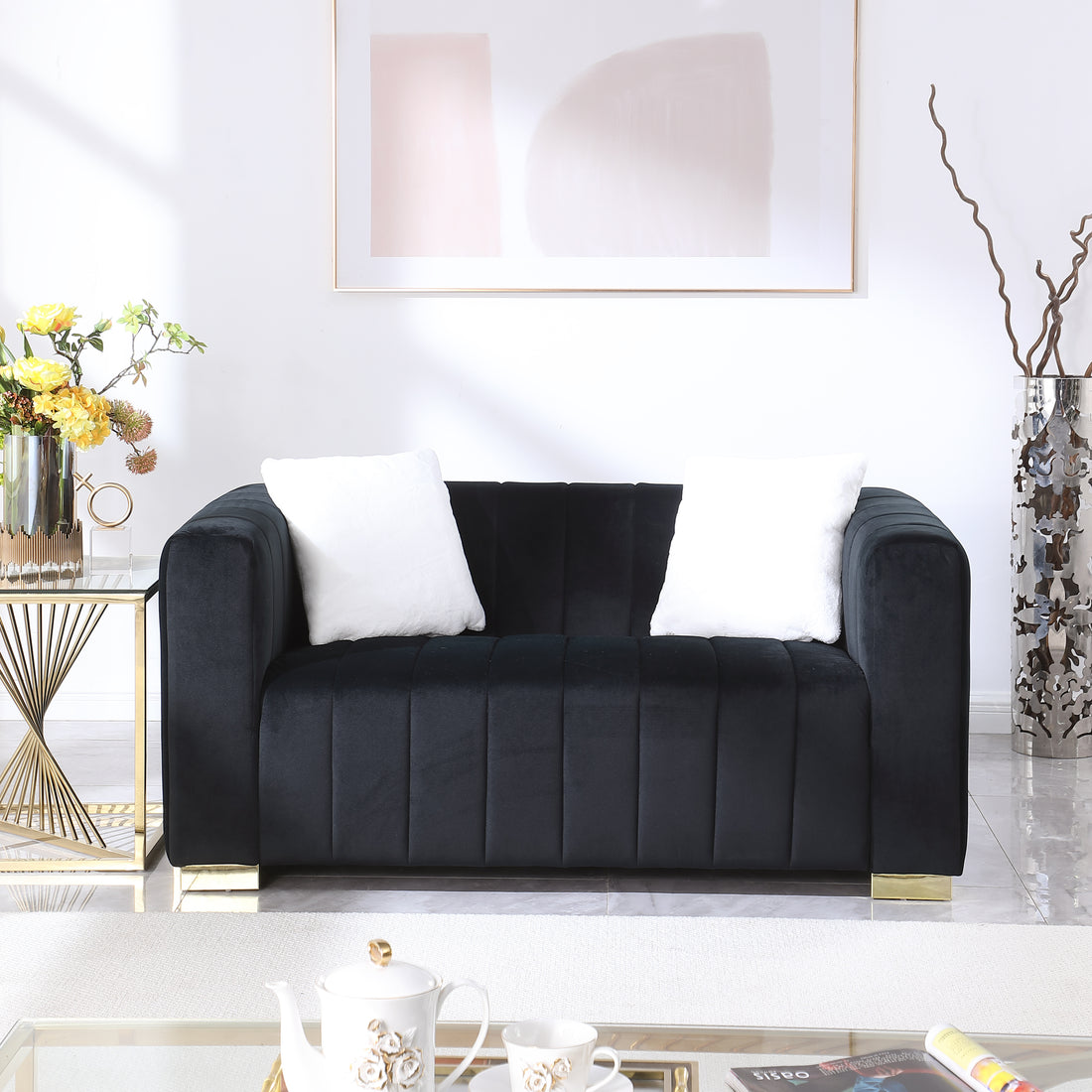 A Modern Channel Sofa Take On A Traditional Chesterfield,Black Color,Seater Black Velvet 2 Seat