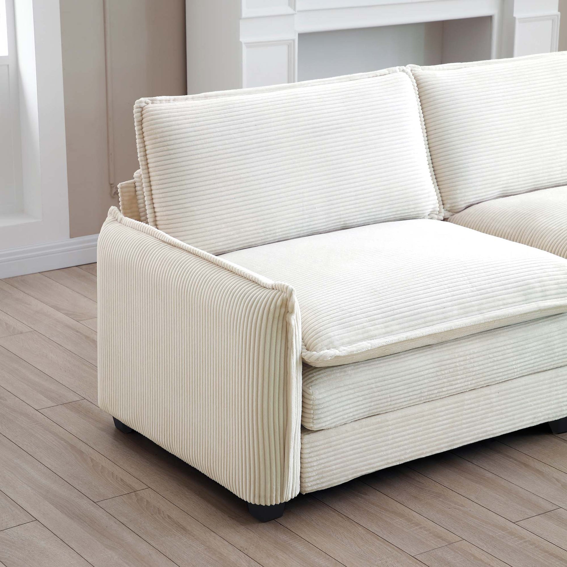 Oversize 3 Seater Sofa With One Footrest, L Shaped Sectional Sofa With Ottoman For Living Rooms, White Corduroy Sofa White Corduroy 3 Seat