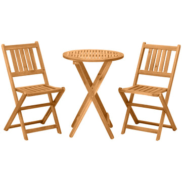 Outsunny 3 Piece Acacia Wood Bistro Set, Folding Patio Furniture With 2 Folding Chairs And Round Coffee Table, Teak, Slatted Finish, For Backyard, Balcony, Deck, Natural Natural Acacia Wood