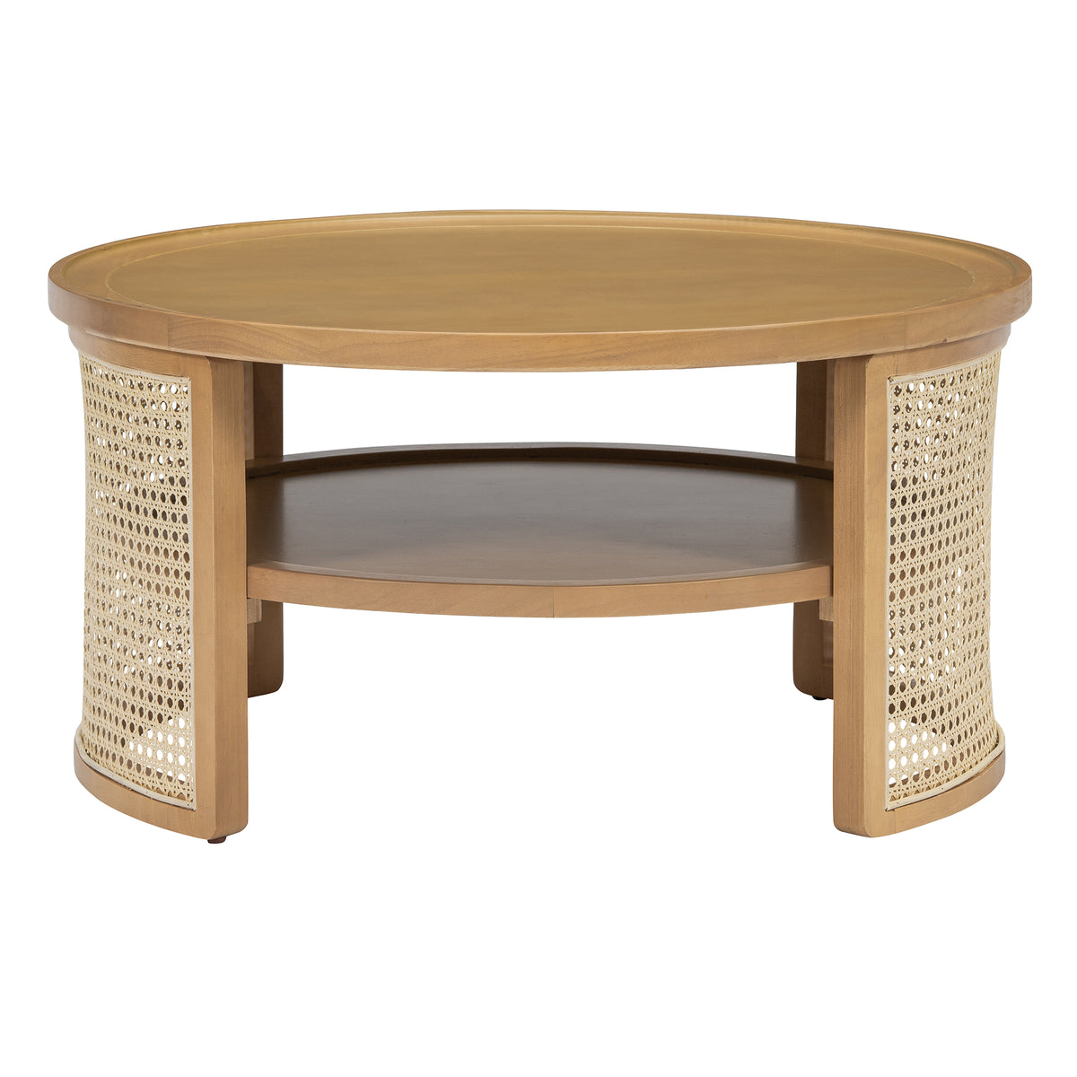 2 Tiered Round Natural Wood Coffee Table With Storage Rattan Base In 31.3'' Natural Rubber Wood