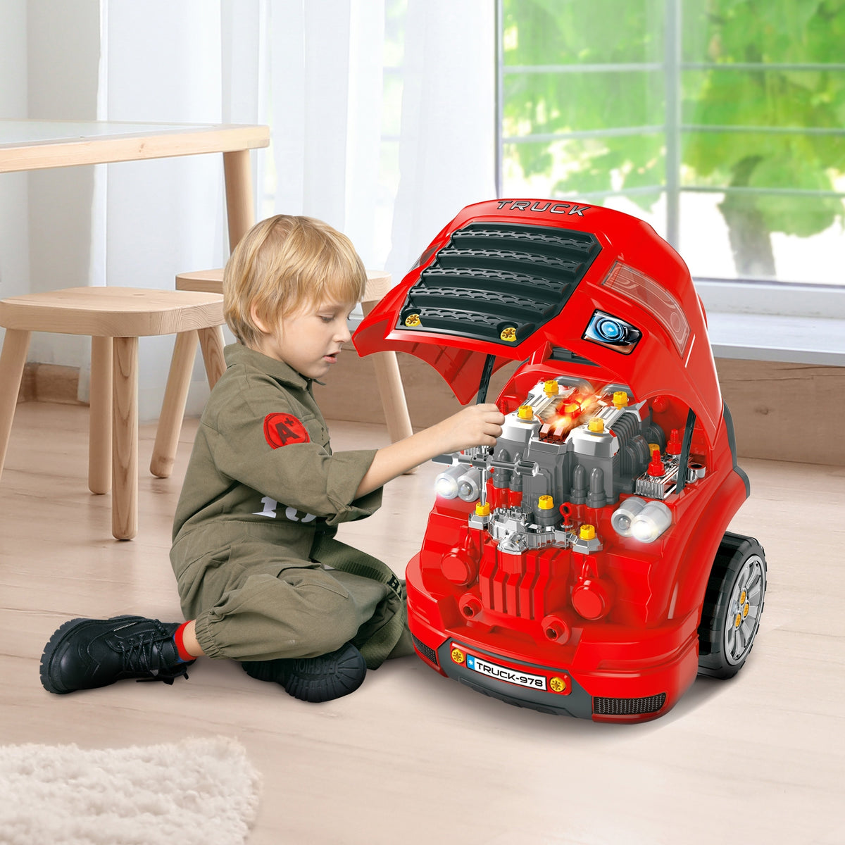 Qaba Kids Truck Engine Toy, Kids Mechanic Car Repair Set, Engine Disassembly Play Workshop, Includes 61 Pieces, Steering Wheel, Horn, Light For 3 5 Years Old, Red Red Abs