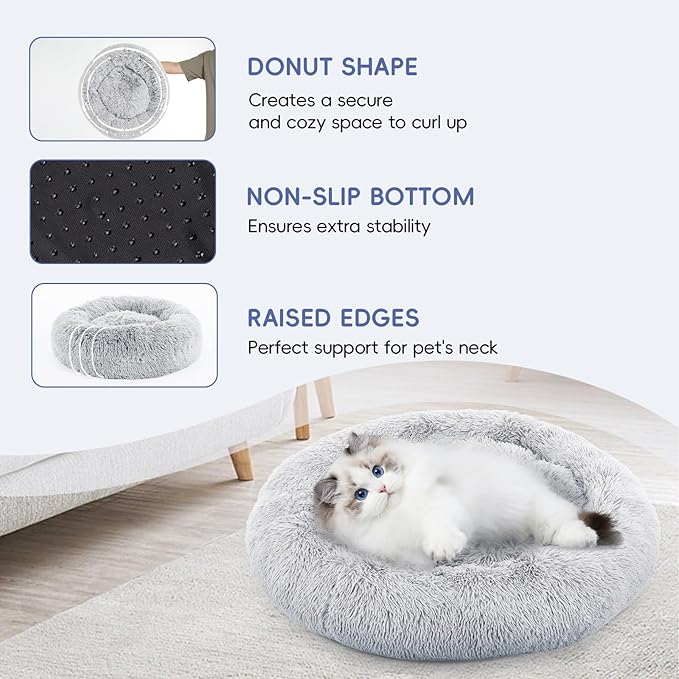 20 Inch Donut Dog Bed, Calming Bed For Dogs, Grey Cat Bed Washable, Round Dog Donut Bed Washable, Plush Fur Dog Bed, Dog Cuddle Bed Grey Faux Fur