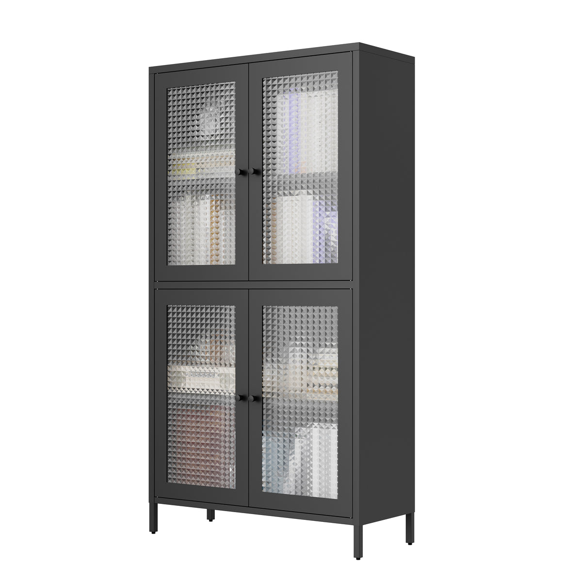 Classic Metal Storage Cabinet Display Cabinet With 4 Glass Doors 4 Shelves Cabinet Bookcase Side Cabinet For Home Office Living Room Kitchen Hallway Black, Waffle Grids Tempered Glass Freestanding 3 4 Shelves Black Office Glass Doors Classic Steel