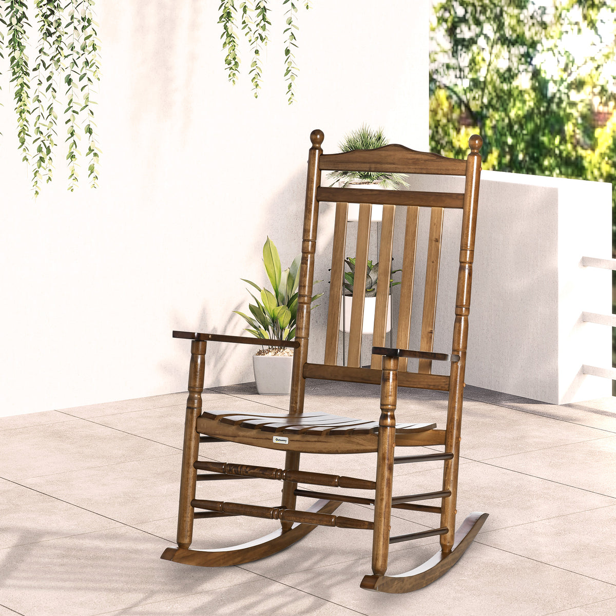 Outsunny Traditional Wooden High Back Rocking Chair For Porch, Indoor Outdoor, Brown Brown Wood