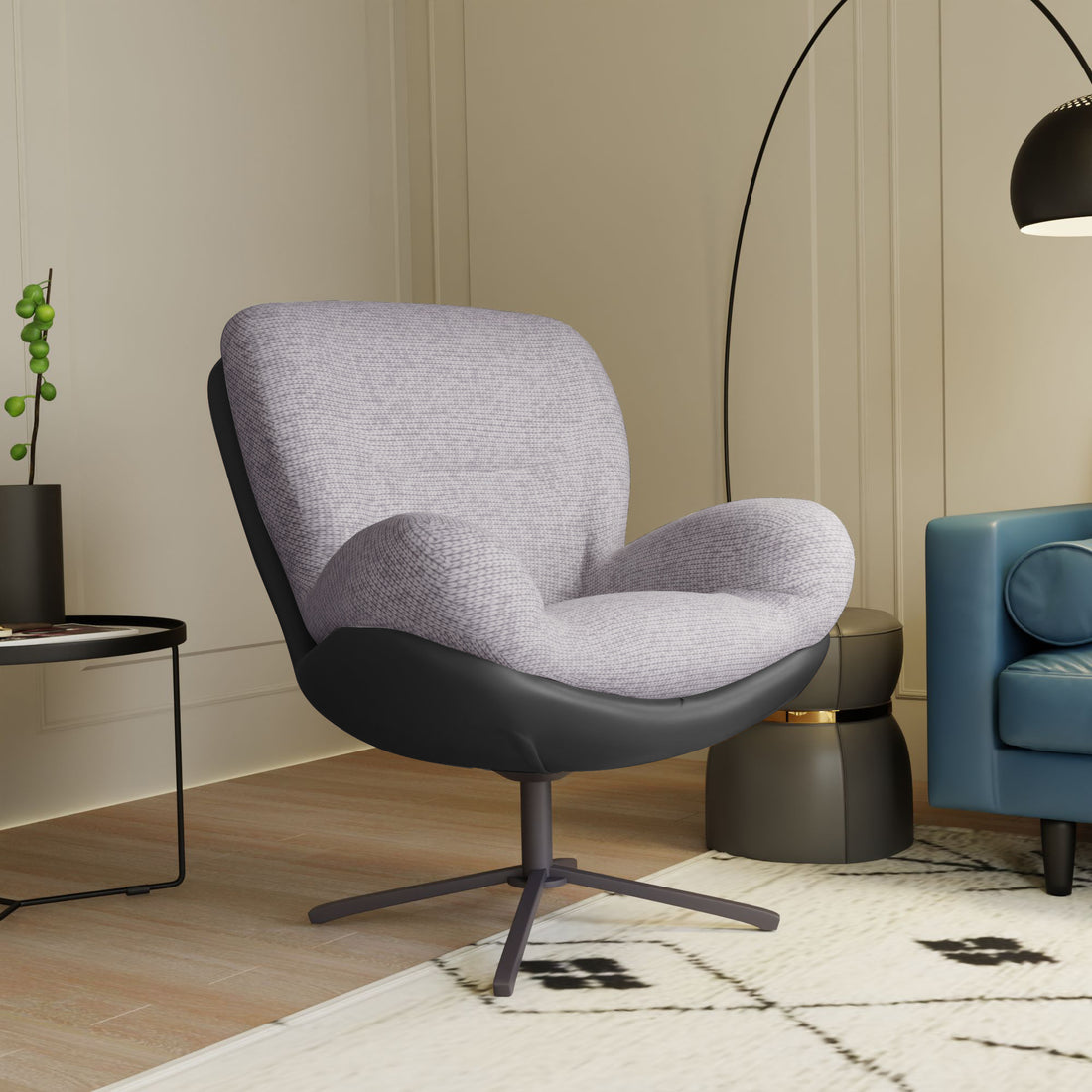 360 Swivel Accent Chair, Modern Chenille Lounge Chair With Faux Leather And Black Metal Base Frame, Comfortable Reading Chair For Small Spaces, Living Room, Bedroom, Reading Corner, Office,Light Gray Black,Light Gray Brown Primary Living Space Art
