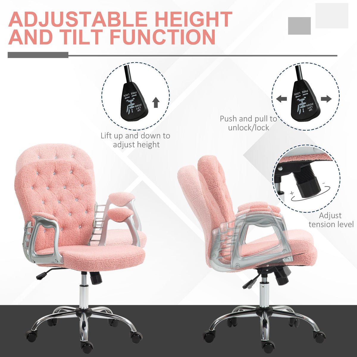 Vinsetto Teddy Fleece Home Office Chair, Button Tufted Desk Chair With Padded Armrests, Adjustable Height And Swivel Wheels, Pink Pink Steel