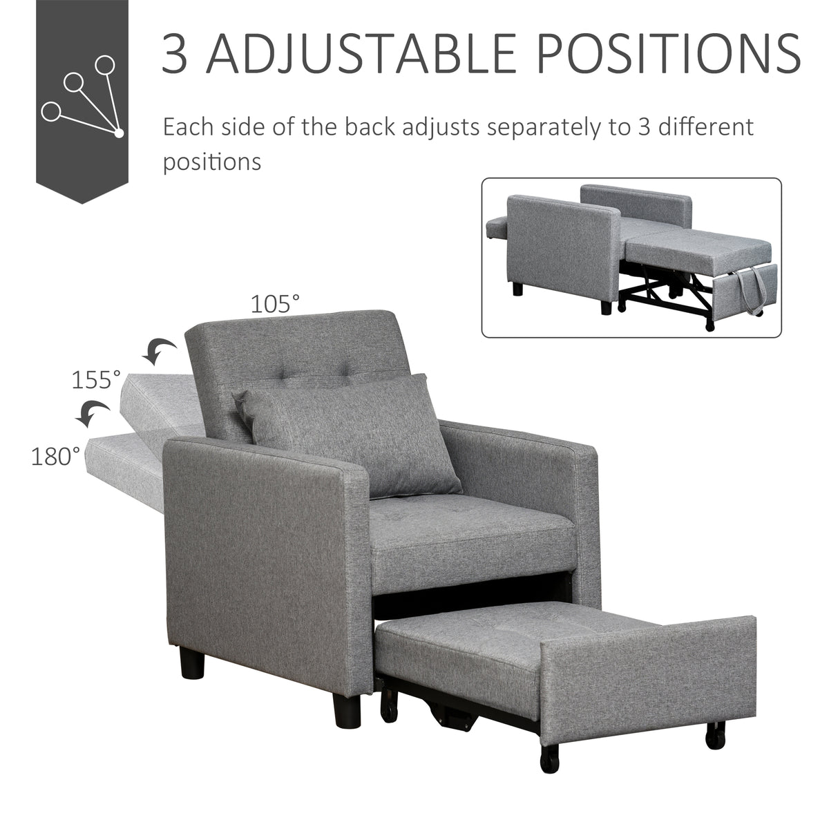 Homcom Convertible Sofa Lounger Chair Bed Multi Functional Sleeper Recliner With Tufted Upholstered Fabric, Adjustable Angle Backrest, And Pillow, Grey Grey Plastic 1 Seat