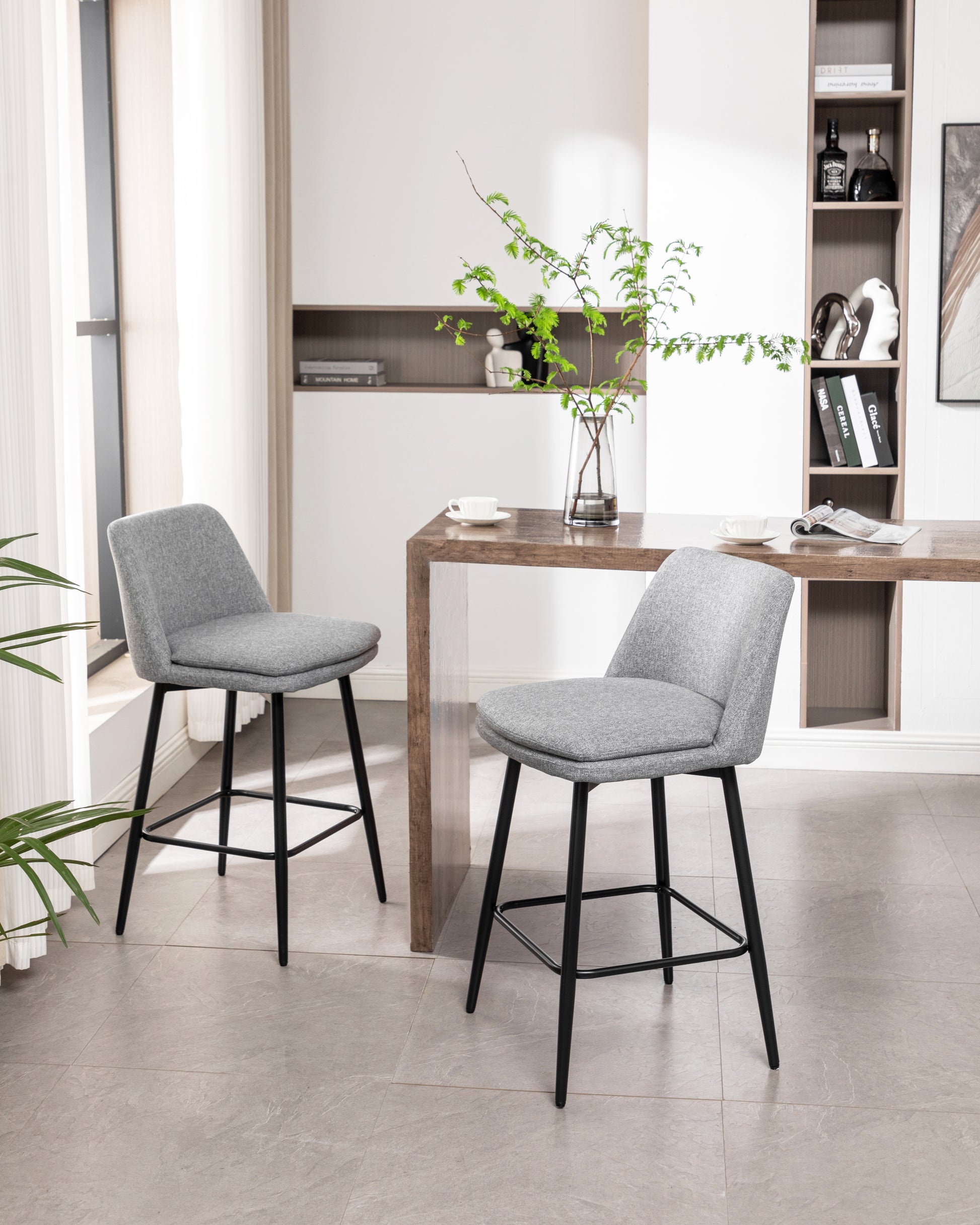 Counter Height Swivel Bar Stools Set Of 2, 360 Swivel Upholstered Barstools With Back And Metal Legs, 25.6" Seat Height,Counter Stools For Kitchen Island And Pub,Linen Cloth,Grey Light Grey Set Of 2 Linen