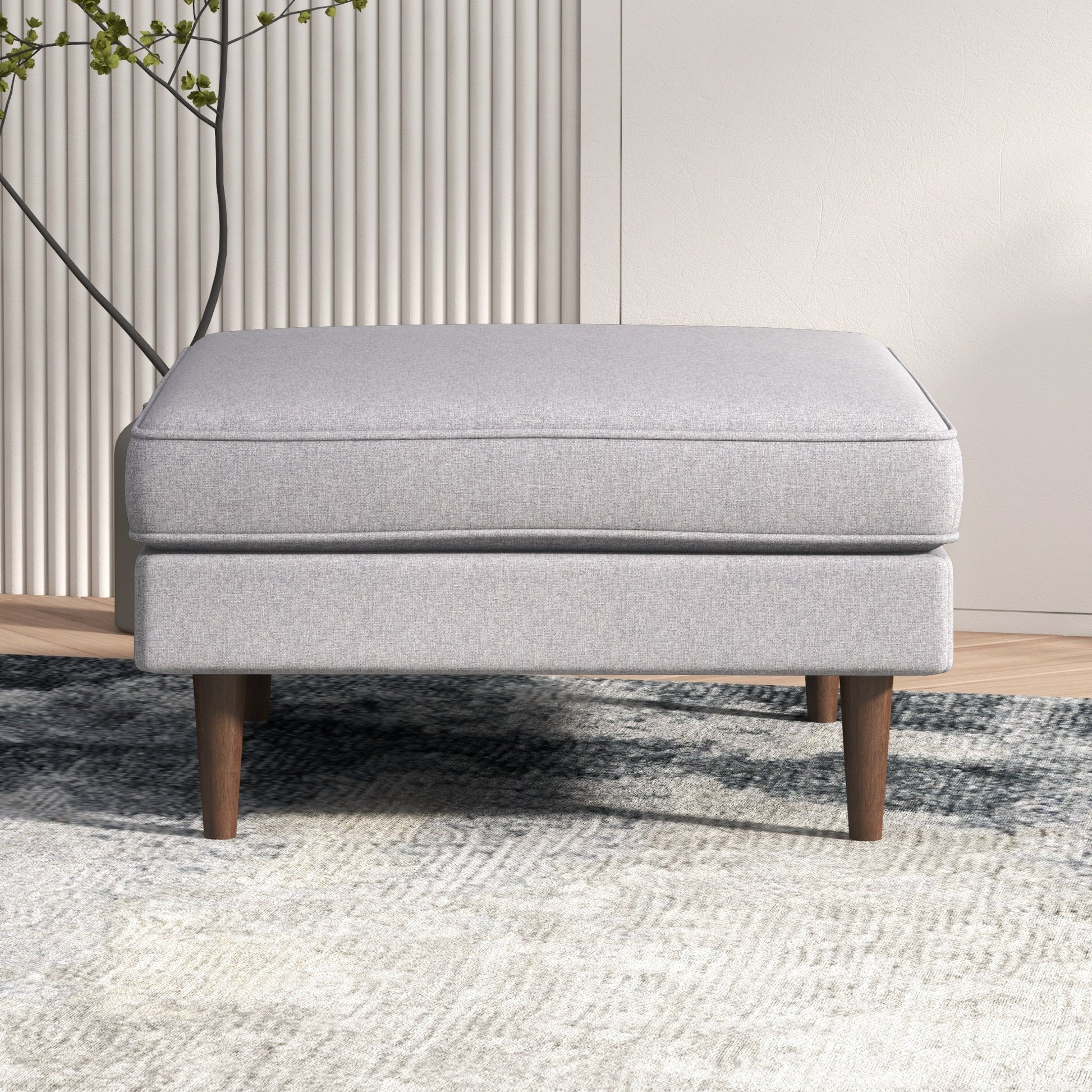 Amber Square Upholstered Ottoman Light Gray Linen Light Gray Brown Linen Wood Medium Firm Backless Solid Grey Mid Century Modern Square Armless Foam Linen,Solid Wood