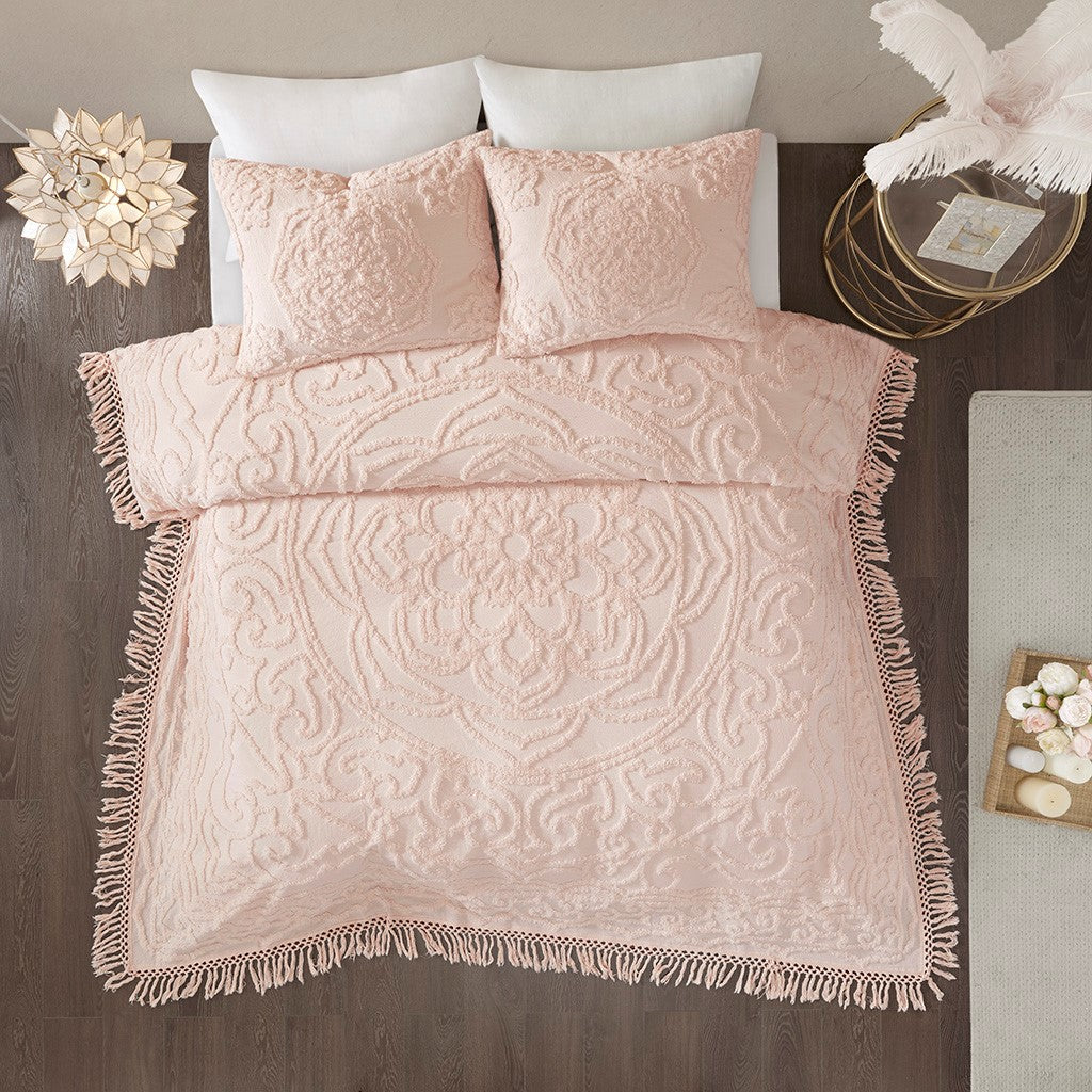 Tufted Cotton Chenille Medallion Fringe Coverlet Mini Set Blush Full Queen Full Blush Cotton
