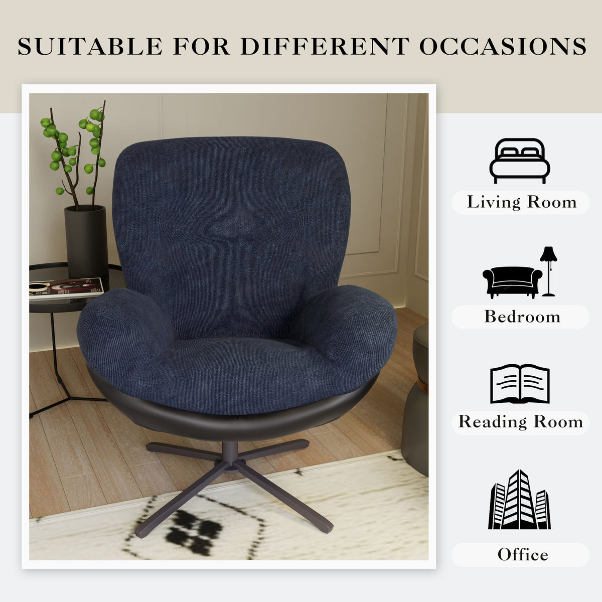 360 Swivel Accent Chair, Modern Chenille Lounge Chair With Faux Leather And Black Metal Base Frame, Comfortable Reading Chair For Small Spaces, Living Room, Bedroom, Reading Corner, Office, Navy Blue Black,Navy Blue Brown Primary Living Space American