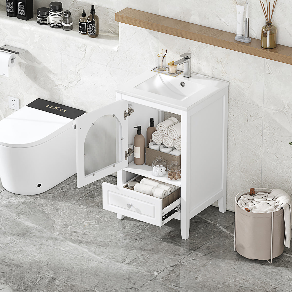 20" Bathroom Vanity With Sink, Bathroom Cabinet With Soft Closing Glass Door, A Drawer, White White Mdf