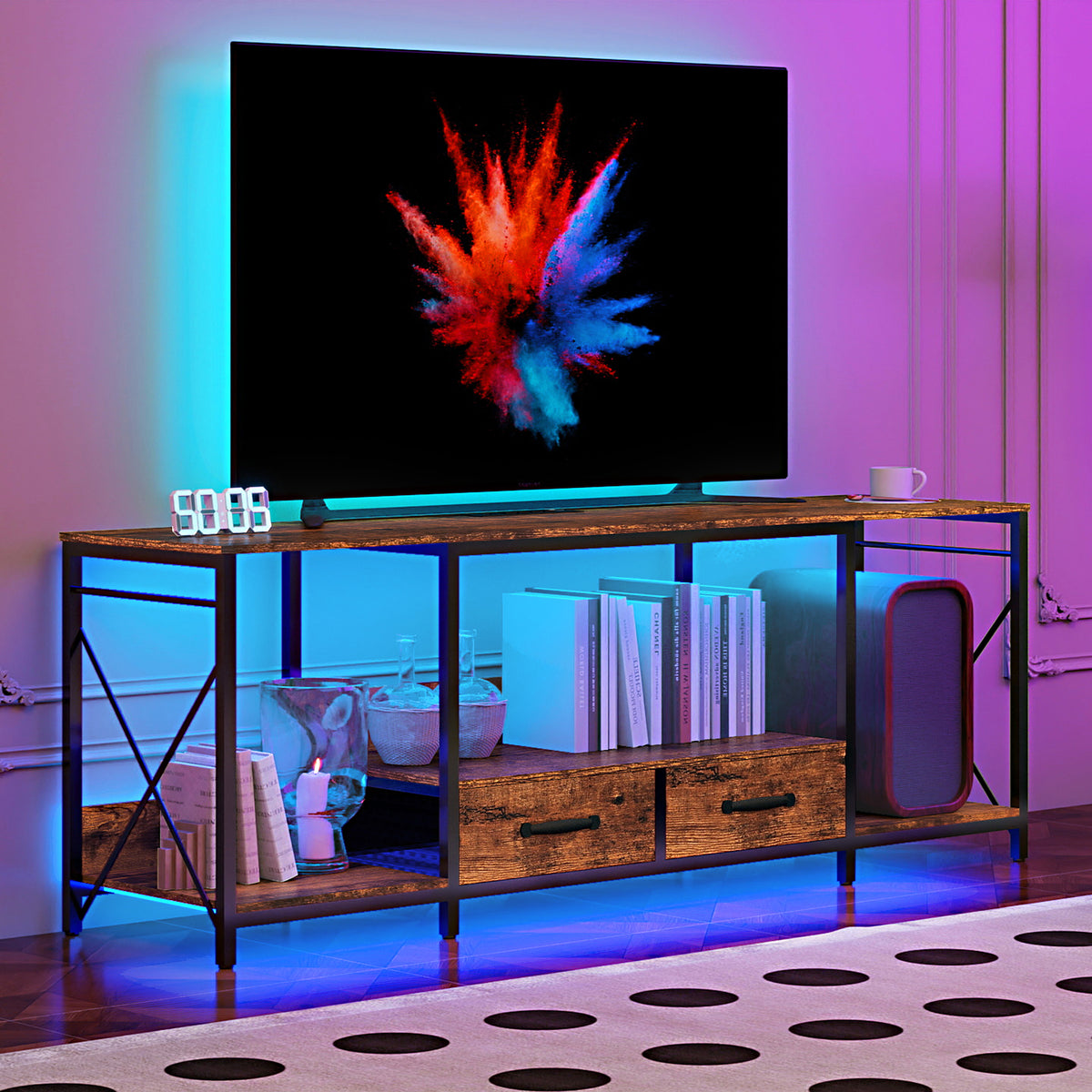 Tv Stand With Led Lights Power Outlets Tv Stand With Fabric Drawers For 65 70 75 Inches Tv Entertainment Center And Industrial Tv Console Table With Open Storage Shelves For Living Room, Bedroom
