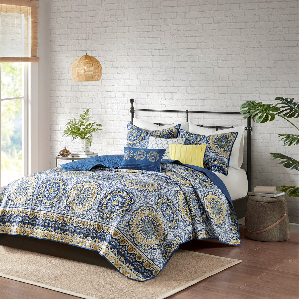 6 Piece Reversible Quilt Set With Throw Pillows Blue Full Queen Blue Cotton