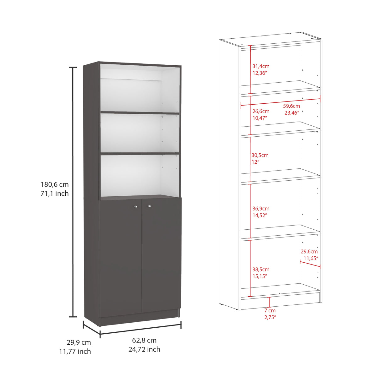 Aynor 3 Piece Home Bookcase Set, 74" Wide With 12 Shelves And 2 Door Cabinetliving Room Set Matt Gray White Freestanding 5 Or More Shelves Matte Dark Gray White,Multicolor Gray Office Modern Particle Board