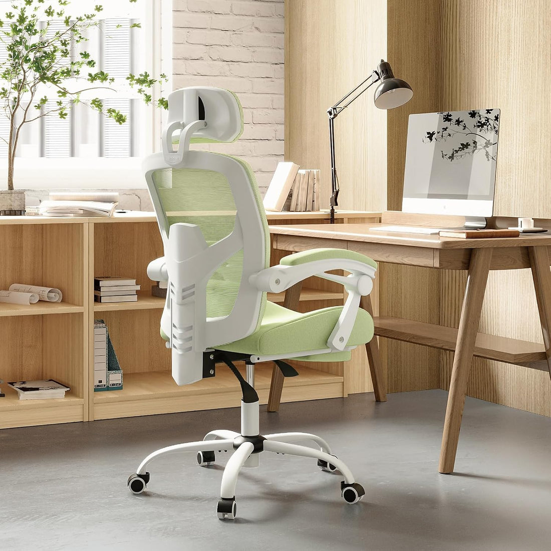 Retractable Footrest Ergonomic Swivel Office Chair With Lumbar Support Pillow And Padded Armrests, Green Green Metal