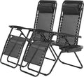 2 Set Zero Gravity Chairs Patio Portable Reclining Folding Lounge Chair Beach Camping Chairs With Pillow And Cup Holder Trays For Garden, Poolside, Black Black Steel