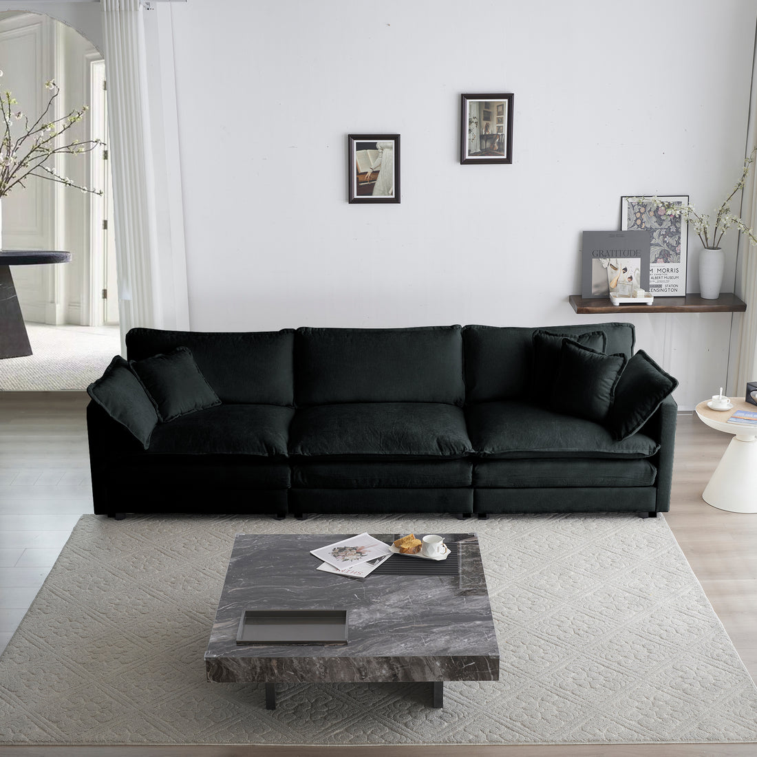 Mid Century Modern Couch 3 Seater Sofa With 2 Armrest Pillows And 3 Toss Pillows, Couch For Living Room Black Chenille Black Chenille 3 Seat