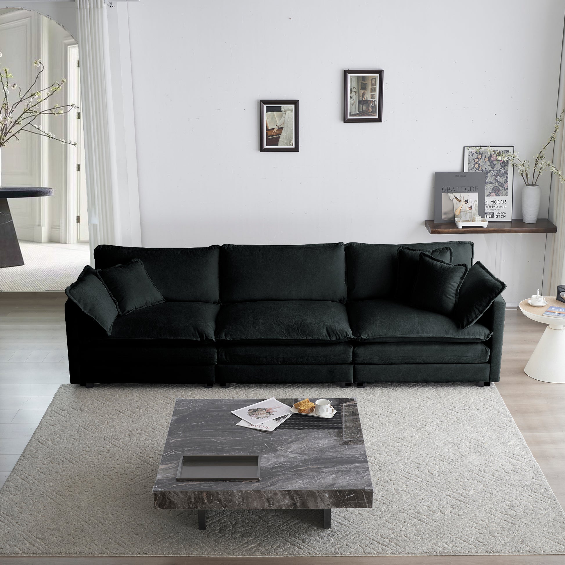 Mid Century Modern Couch 3 Seater Sofa With 2 Armrest Pillows And 3 Toss Pillows, Couch For Living Room Black Chenille Black Chenille 3 Seat