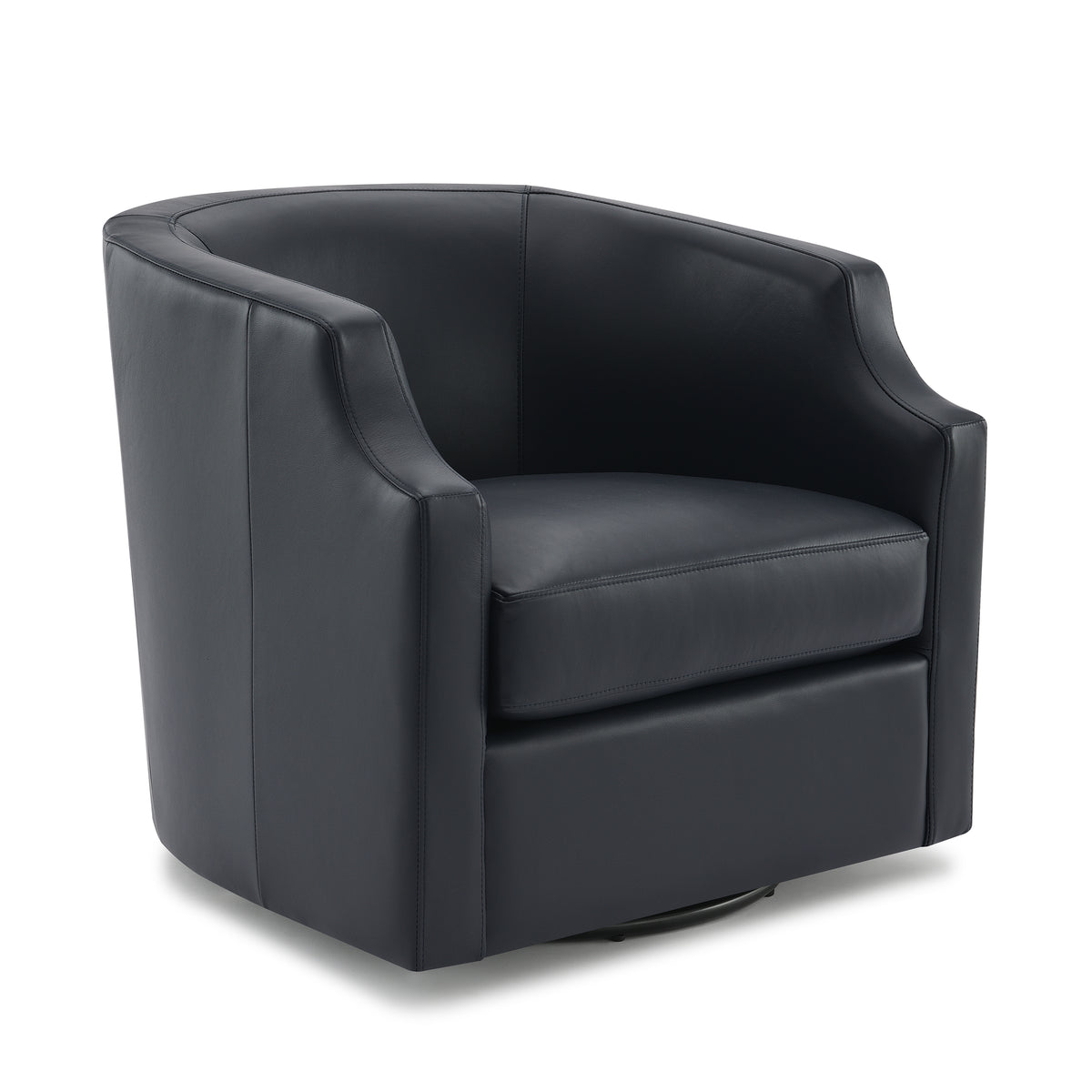 Emmett Midnight Blue Top Grain Leather Swivel Glider Barrel Chair Blue Foam Leather