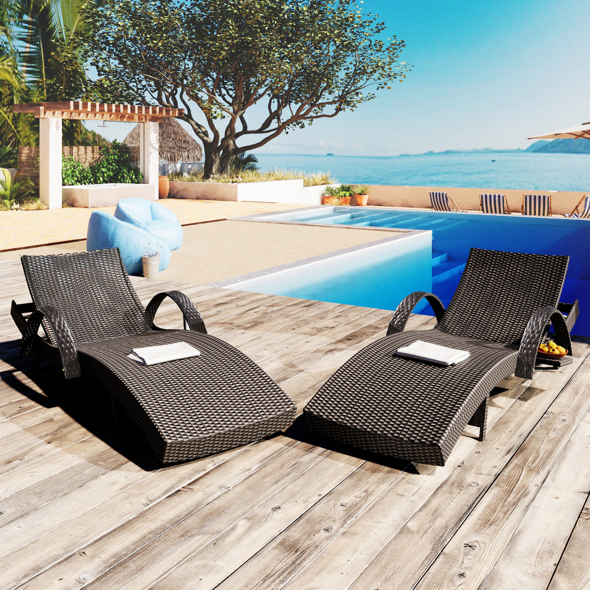 K&K 80'' Outdoor Wicker Chaise Lounge Chairs Set Of 2, Patio Rattan Reclining Chair Pull Out Side Table Adjustable Backrest Ergonomic Wave Design Pool Sunbathing Recliners, Dark Brown No Lounge Dark