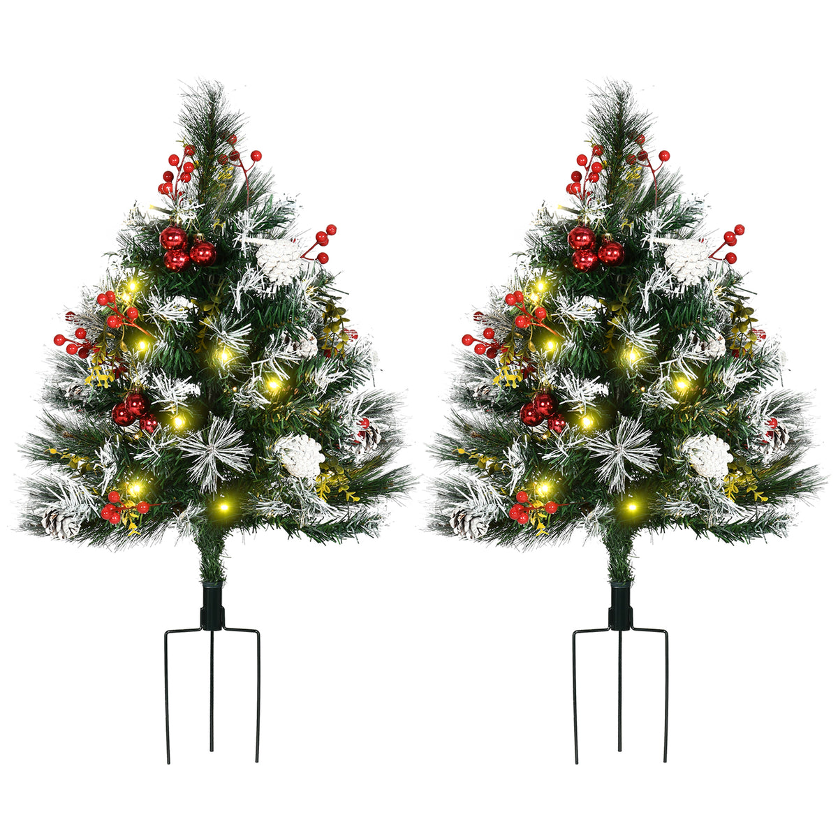 Homcom 2.5 Ft 30" 2 Pack Outdoor Entryway Pre Lit Artificial Christmas Tree Cordless With 70 Branches, Warm White Led Lights, Red Berries, Pine Cones, Balls, Green Green Plastic