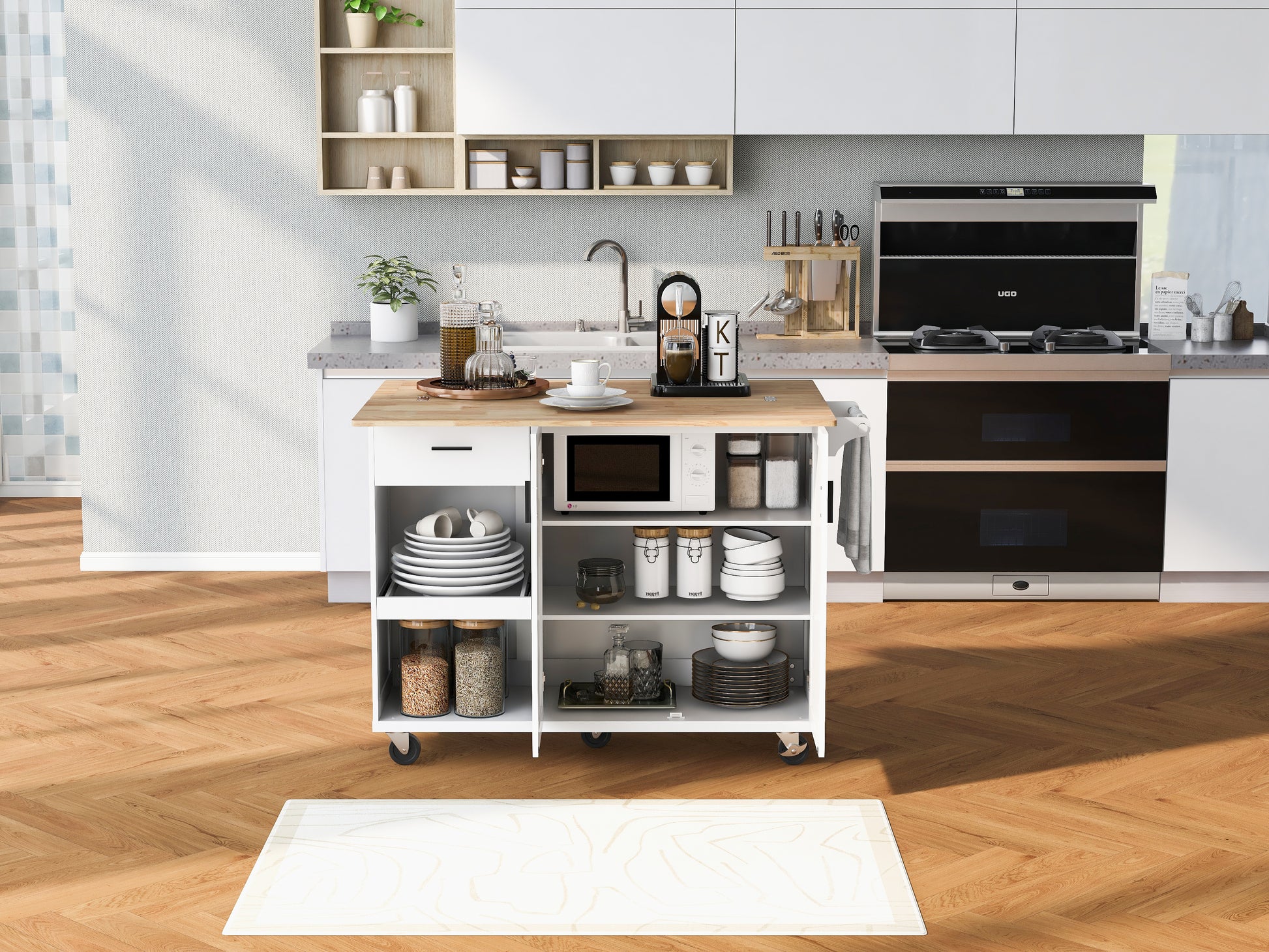 K&K Kitchen Island With Foldable Counter Top, Kitchen Storage Cart With Slide Out Shelf, Towel Rack And Drawer, Rolling Kitchen Cart On Wheels, For Kitchen, Living Room, Dining Room, White White Brown Kitchen Classic,Farmhouse,Luxury,Modern Rectangular