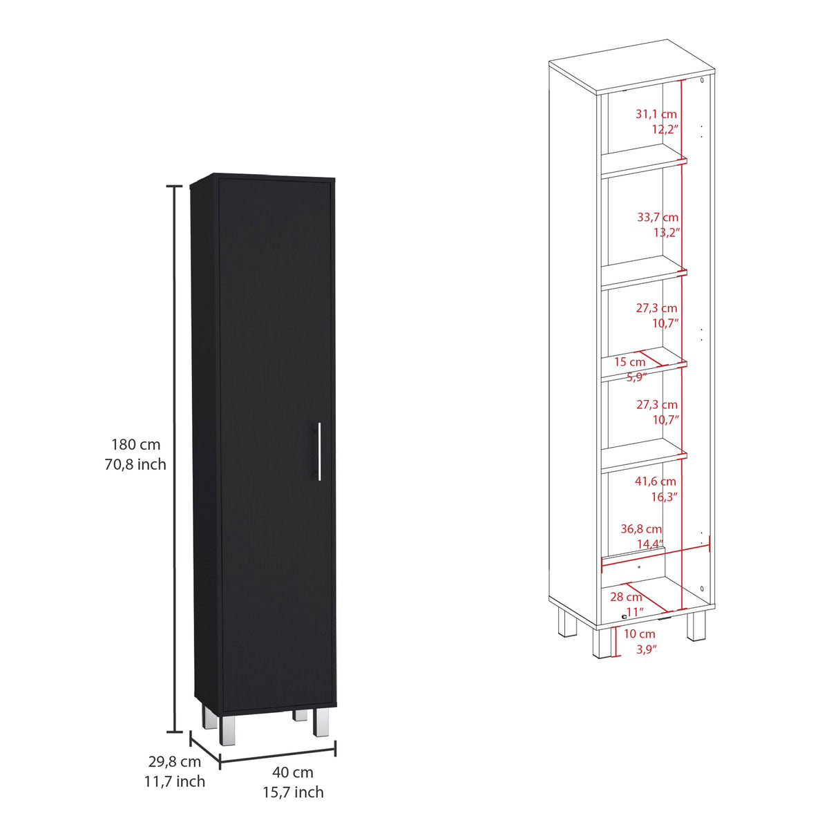 Laska 70" Tall Storage Cabinet Broom Closet With Broom Hangers,And Four Shelves Black Black Particle Board