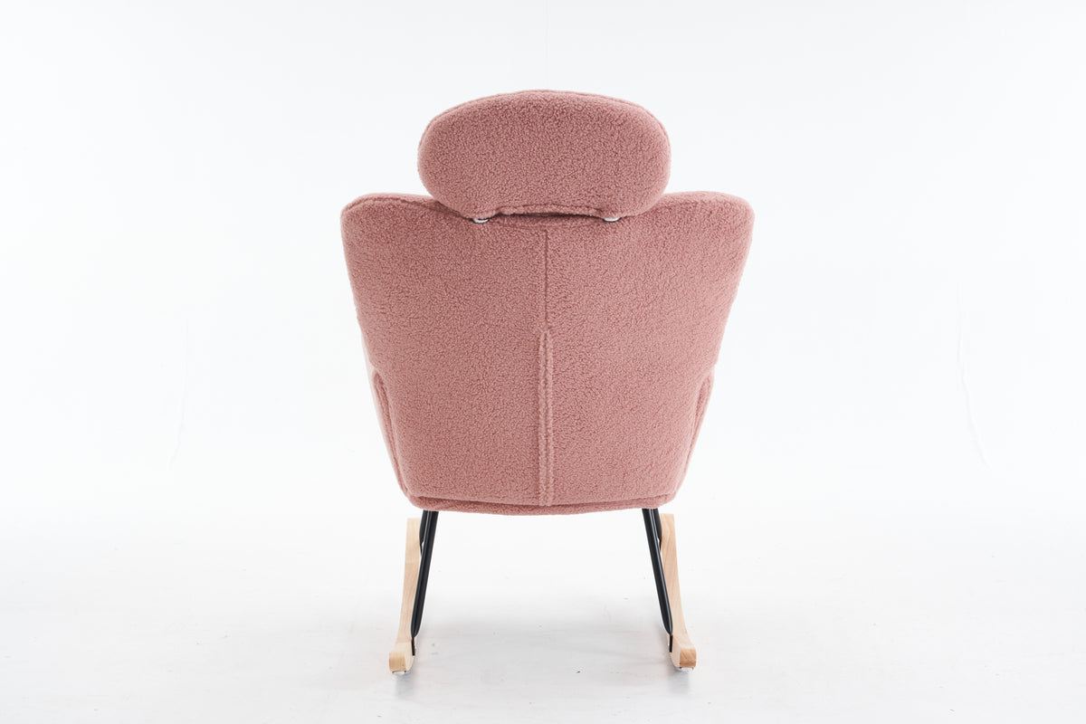055 Teddy Fabric Upholstered Nursery Rocking Glider Chair Mid Century Modern Accent Arm Chair Padded Seat With High Backrest And Pillows For Living Room Bedroom Offices Pink Teddy Headrest Solid