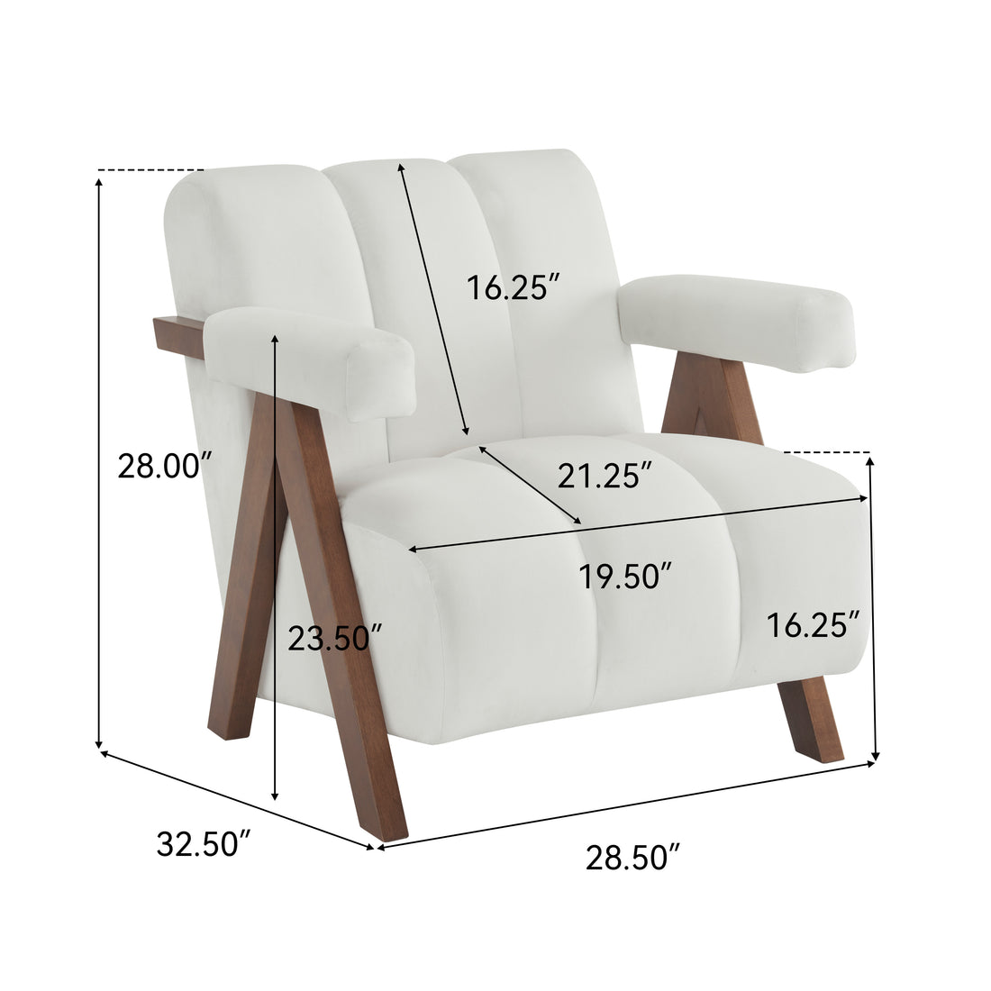 Mid Century Modern Accent Chair With Solid Wood Frame, Upholstered Living Room Chairs With Thick Cushion, Comfy Tufted Arm Chair For Bedroom, Living Room, Velvet, Ivory Ivory White Velvet