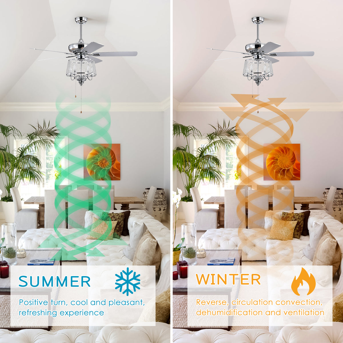 52 Inch Crystal Ceiling Fanmodern Electrical Fan With 5 Wood Reversible Blades, 4 Bulbs Not Included,Noiseless Reversible Ac Motor For Bedroom Living Room Study Patio Home Decoration Chrome Chrome Contemporary,Modern Crystal Metal